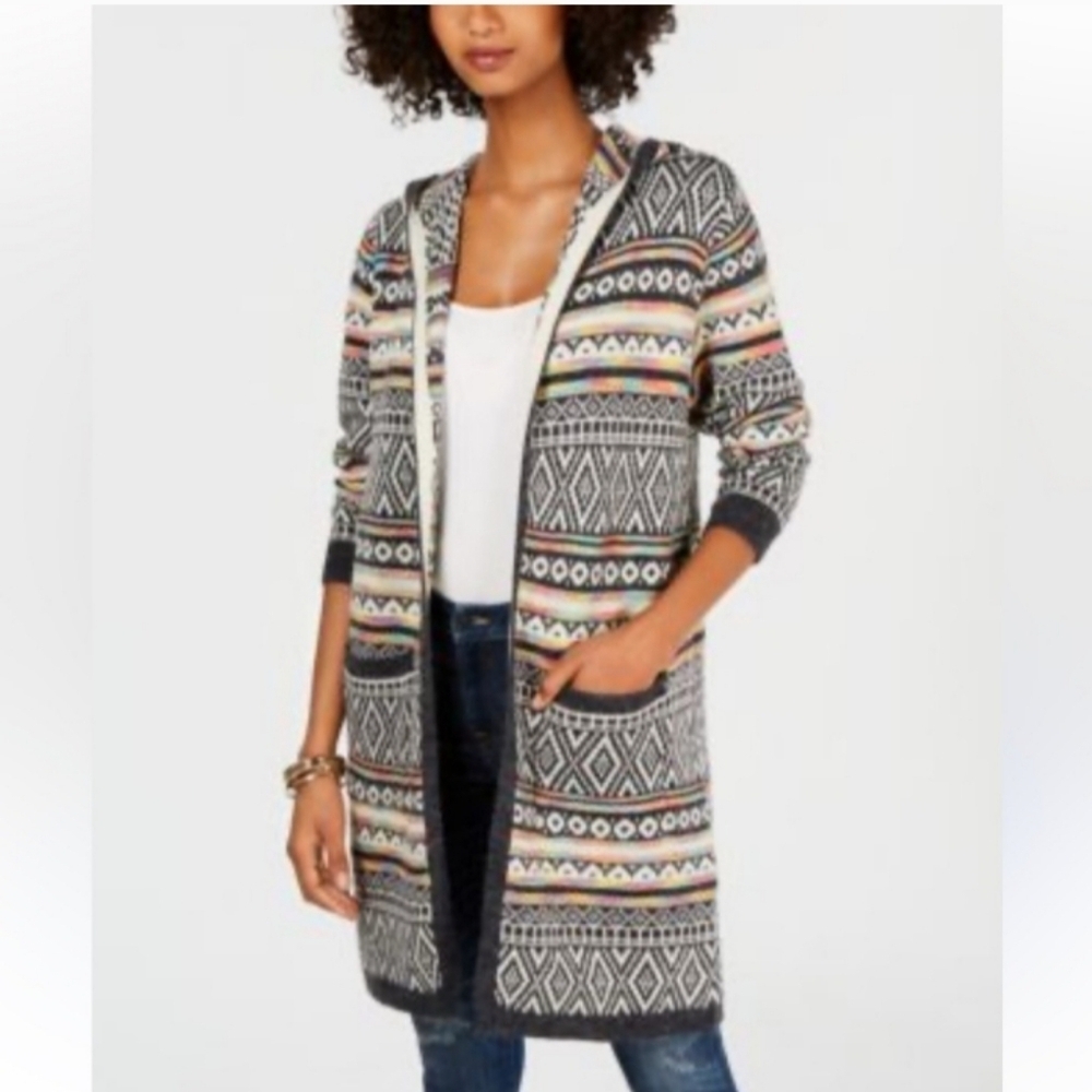 MONTEAU LOS ANGELES Sweater hooded boho jacket 90s y2k rainbow M,  20" PTP, 36"L